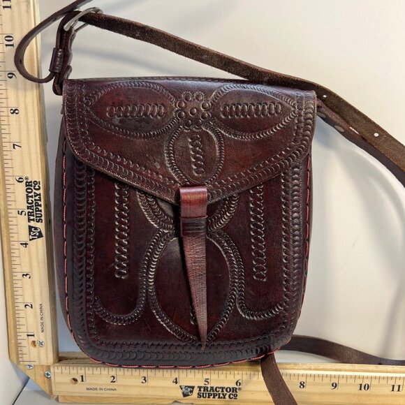 None Handbags - Women's Vintage Brown Tooled Leather Crossbody Purse Western Croc Style Bag